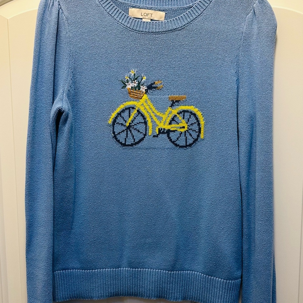LOFT Blue and Yellow Crew Neck Sweater with Bicycle Design